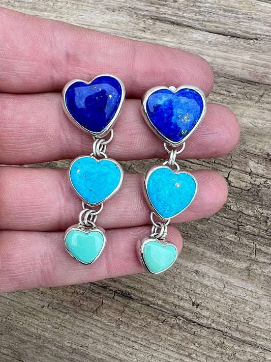 TRIPLE heart dangle stud backs with large ear nut