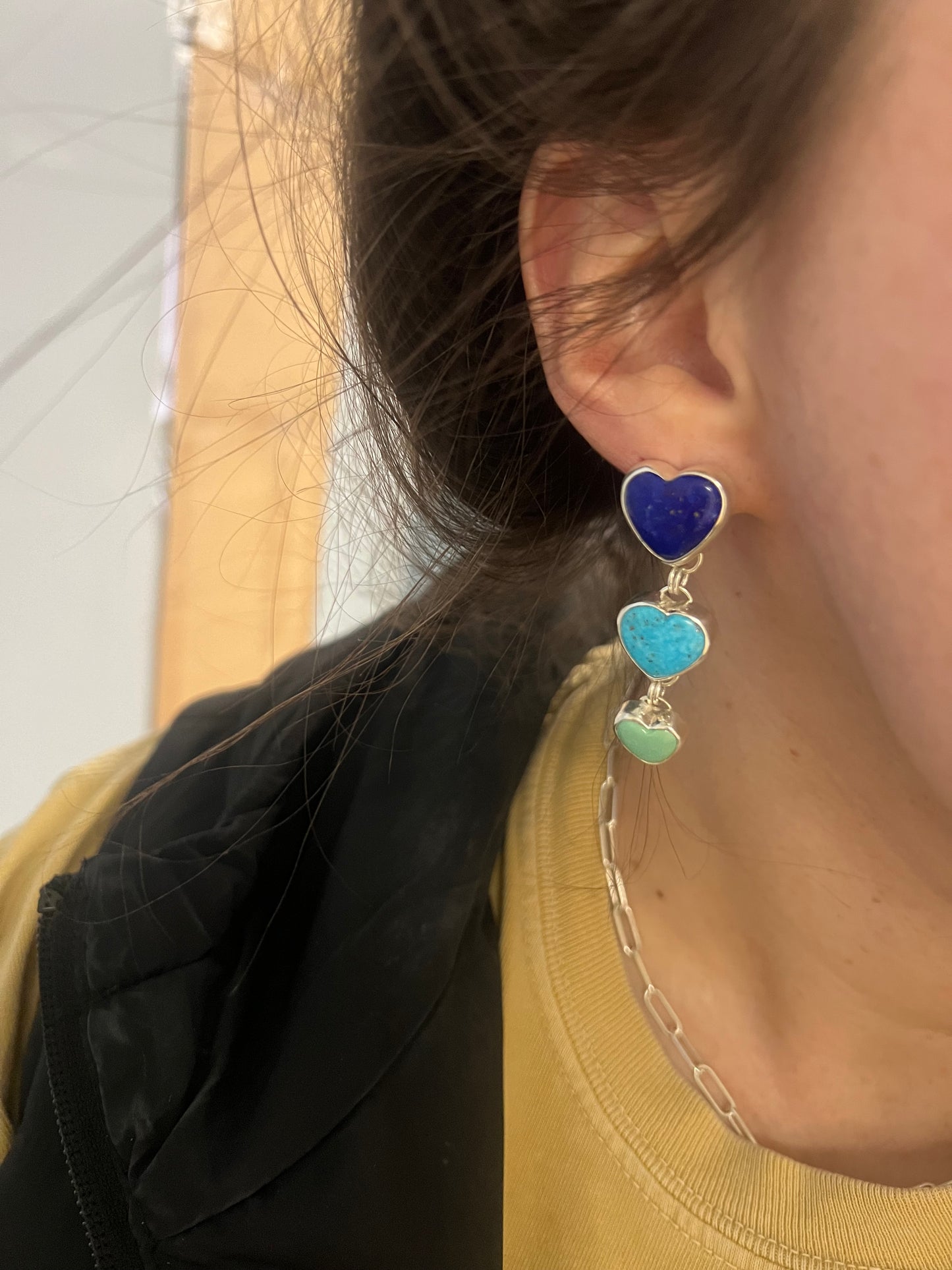 TRIPLE heart dangle stud backs with large ear nut